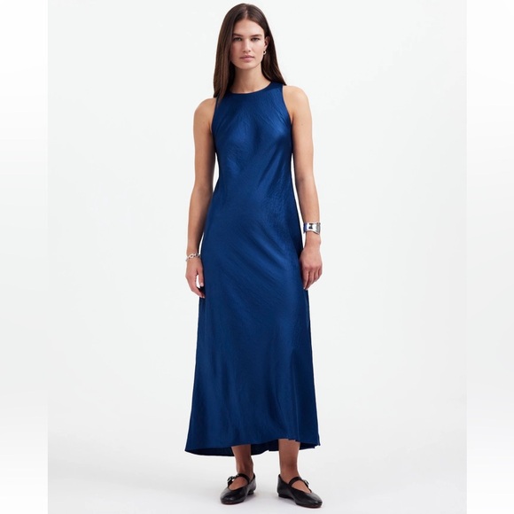 Madewell Deep Cobalt Satin Jeweltone Sleeveless Midi Flowy Dress NEW NS238 sz 0 - Picture 1 of 11